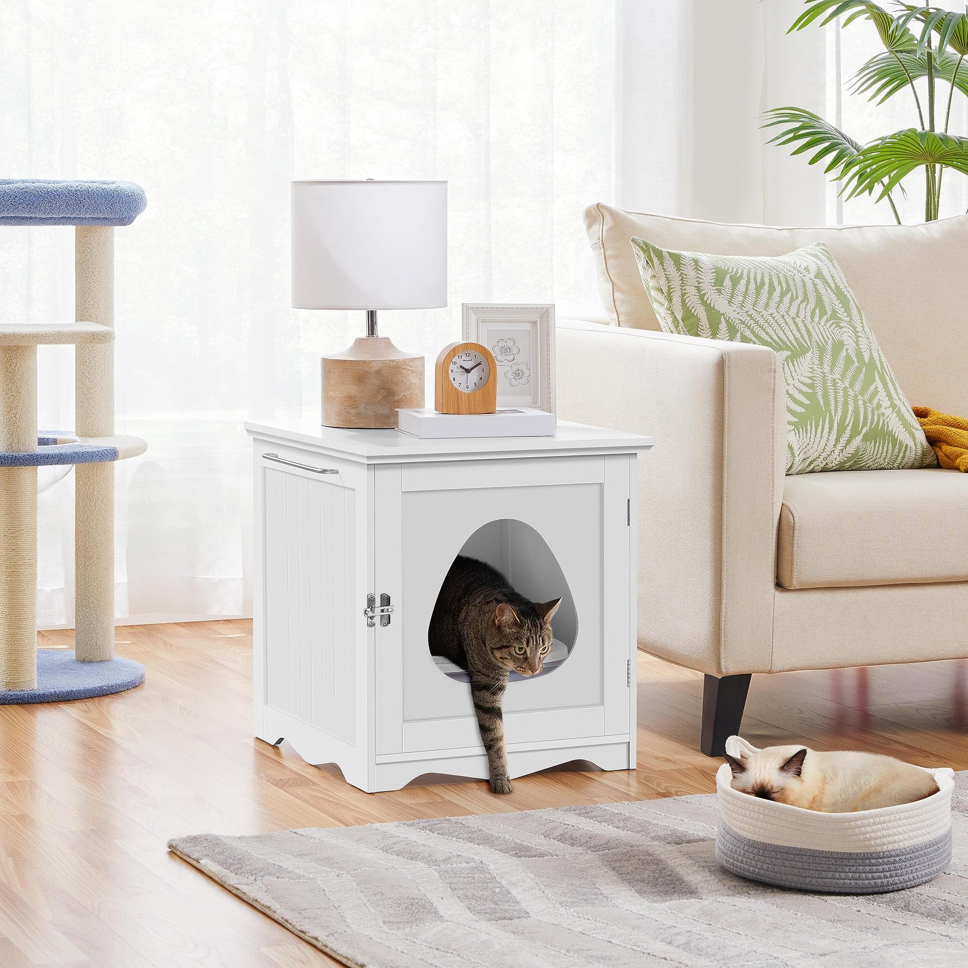 Yaheetech Cat Litter Box Enclosure, Litter Box Furniture Hidden with Towel Bar, Wooden Cat Washroom, Dog Proof Cat Litter Box Cabinet, Indoor Cat House, Side End Table, White - WoodArtSupply