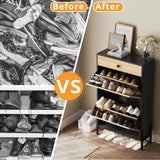 IRONCK Shoe Cabinet with 2 Flip Drawers, Shoe Storage Cabinet for Entryway, Free Standing Shoe Storage Organizer with Rattan Doors Slim Narrow Shoe Rack Cabinet, Black IRONCK