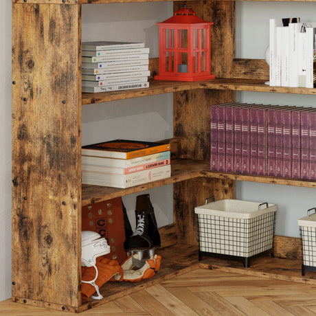 Industrial 6-Tier Corner Bookshelf with Baffles - Vintage Brown Decorative Storage Rack for Home & Office IRONCK