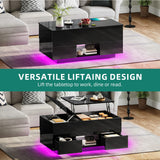 YITAHOME LED Lift Top Coffee Tables for Living Room with Power Outlets Charging Station, Modern Coffee Table with Storage 2 Drawers & Open Shelfs Rectangular Small Center Cocktail Table, Glossy Black YITAHOME