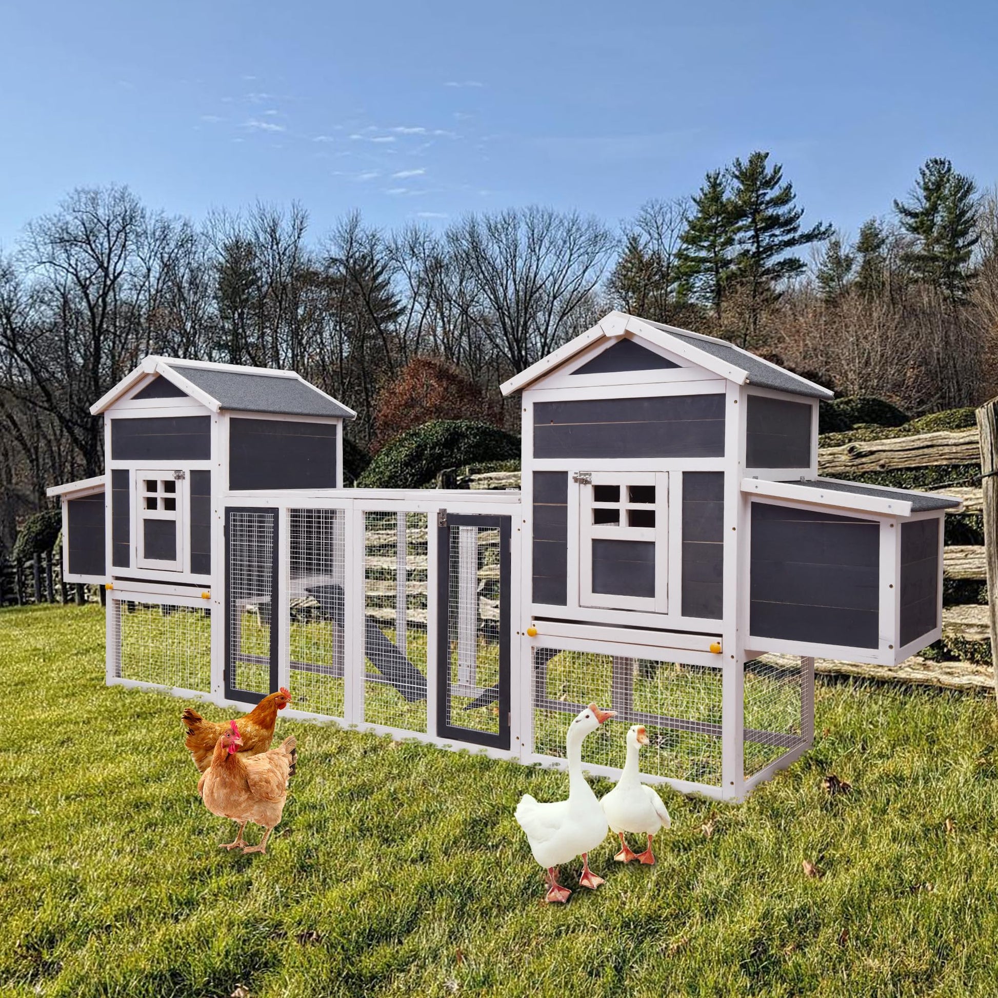 Fuhomtre Outdoor Wooden Chicken Coop with Ventilation Door Removable Tray Solid Wood Pet House Chicken Nesting Box for 6-8 Hens (124 x 27 x 46 in) White+Gray - WoodArtSupply