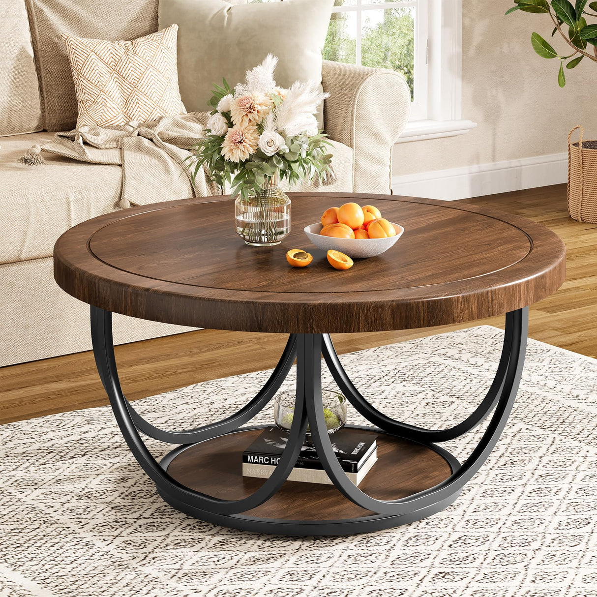 Tribesigns Round Coffee Table with 2 Tiers, 31.5" Wooden Circle Accent Cocktail Table with Storage Shelf and Metal Frame, Industrial Center Tables for Living Room, Brown & Black Tribesigns
