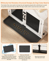 Piskyet Wooden Dog Crate Furniture with 360°Rotatable Removable Dog Bowls, Dog Crate End Table with Tray, Double Doors Dog Kennels forDogs(L:37.7" L*25.1" W*26.1" H, Marble White) Piskyet