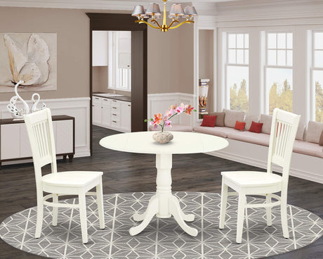East West Furniture Dublin 3 Piece Modern Set Contains a Round Wooden Table with Dropleaf and 2 Dining Room Chairs, 42x42 Inch, Linen White East West Furniture
