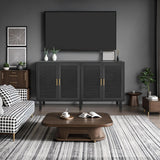 Finnhomy 4 Door Sideboard Buffet Cabinet, Kitchen Storage Cabinet with Black Painted Rattan Decorated Doors, Cupboard Console Table, Boho Accent Liquor Cabinet, 62.3X 15.7X 34.6 Inches, Full Black Finnhomy