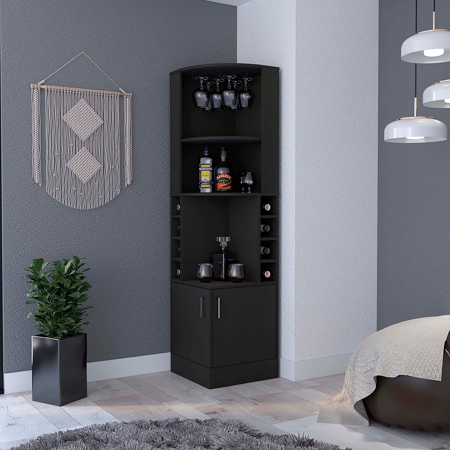 FM FURNITURE Delhi Corner Bar Cabinet, Eight Wine Cubbies, Glass Rack, Double Door Cabinet for Living Room