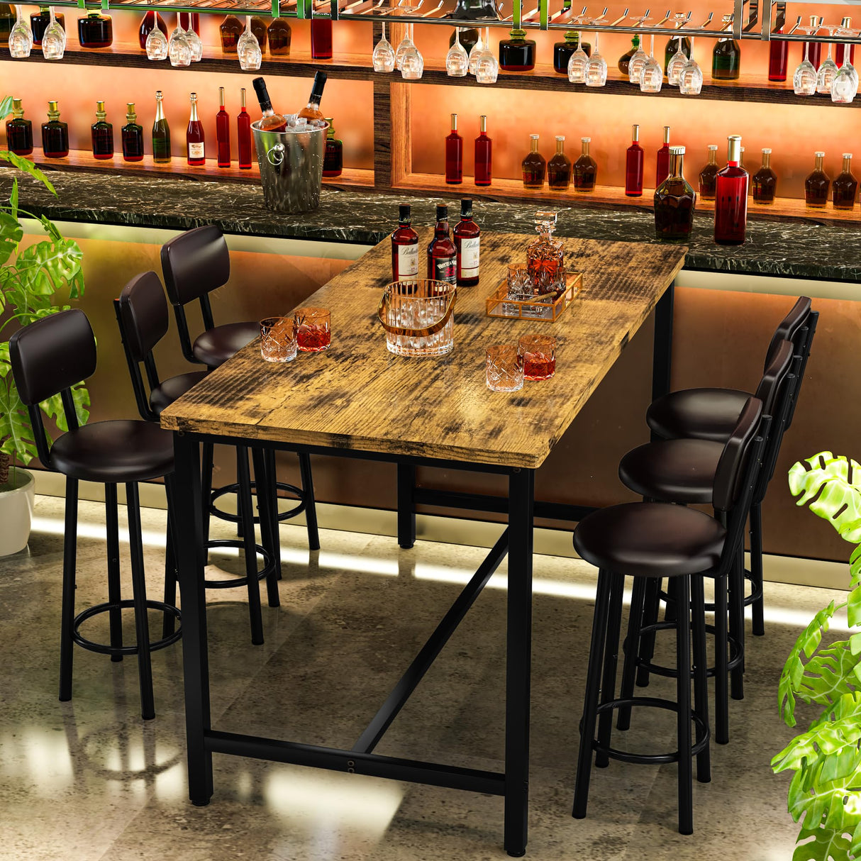 DKLGG 7-Piece Dining Table Set, 50" Bar Table Set for 6 with MDF & Metal Frame, Tall Dining with 6 PU Leather Chairs, Saving Space Pub and Chairs Sets for Bar, Kitchen, Brown DKLGG