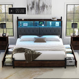 AMERLIFE King Size Bed Frame with Bookcase Headboard, 4 Storage Drawers, Wooden Platform Bed with Charging Station & LED Light, No Box Spring Needed, Noise-Free, Rustic Brown AMERLIFE