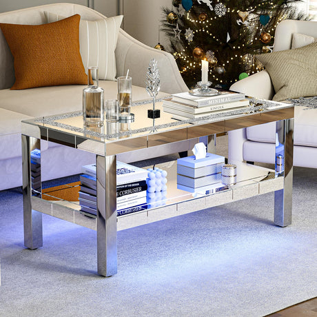 IKIFLY Mirrored 2 Tiers Coffee Table with LED, Rectangle Mirrored Coffee Table with Crushed Diamond and Stainless Steel Legs, Silver Living Room Table IKIFLY
