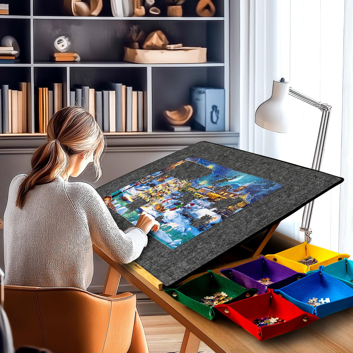 Becko US 2000 Piece Foldable Puzzle Board with 6 Colorful Trays & TPU Cover, Portable & Lightweight Puzzle Table, Puzzle Mat with Auxiliary Lines for Puzzle Storage, for 2000 1500 1000 Piece Puzzles Becko US