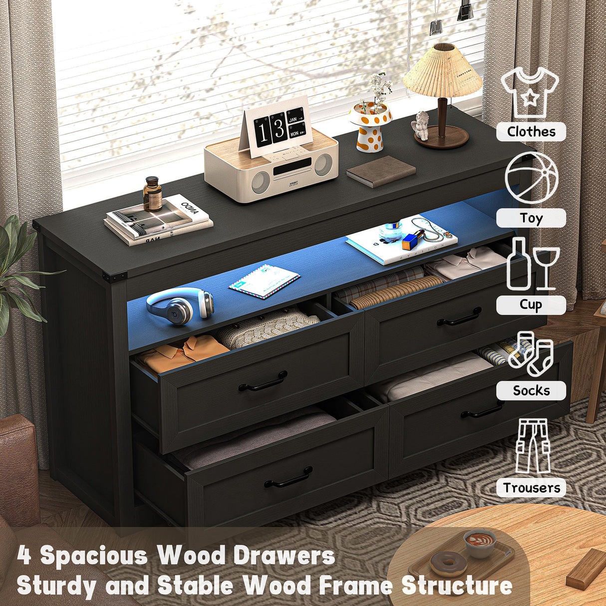 Boonatu Black Dresser for Bedroom with 4 Drawers, Black Dressers & Chests of Drawers Modern Wood Wide Storage Drawers Dressers Organizer with LED Lights for Closet, Hallway Boonatu