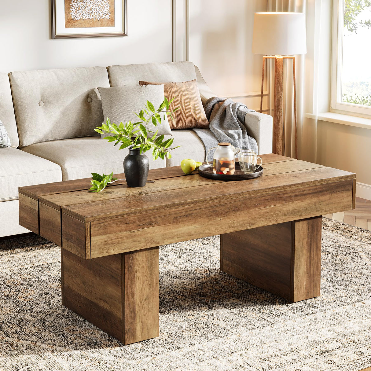 Tribesigns Rectangle Coffee Table, 47.24" Farmhouse Center Table with Slat Tabletop & Thick Base, Rustic Wooden Cocktail Tea Table for Living Room Apartment, Brown Tribesigns