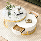 Modern Round Nesting Coffee Table with Drawers for Living Room in White Flieks