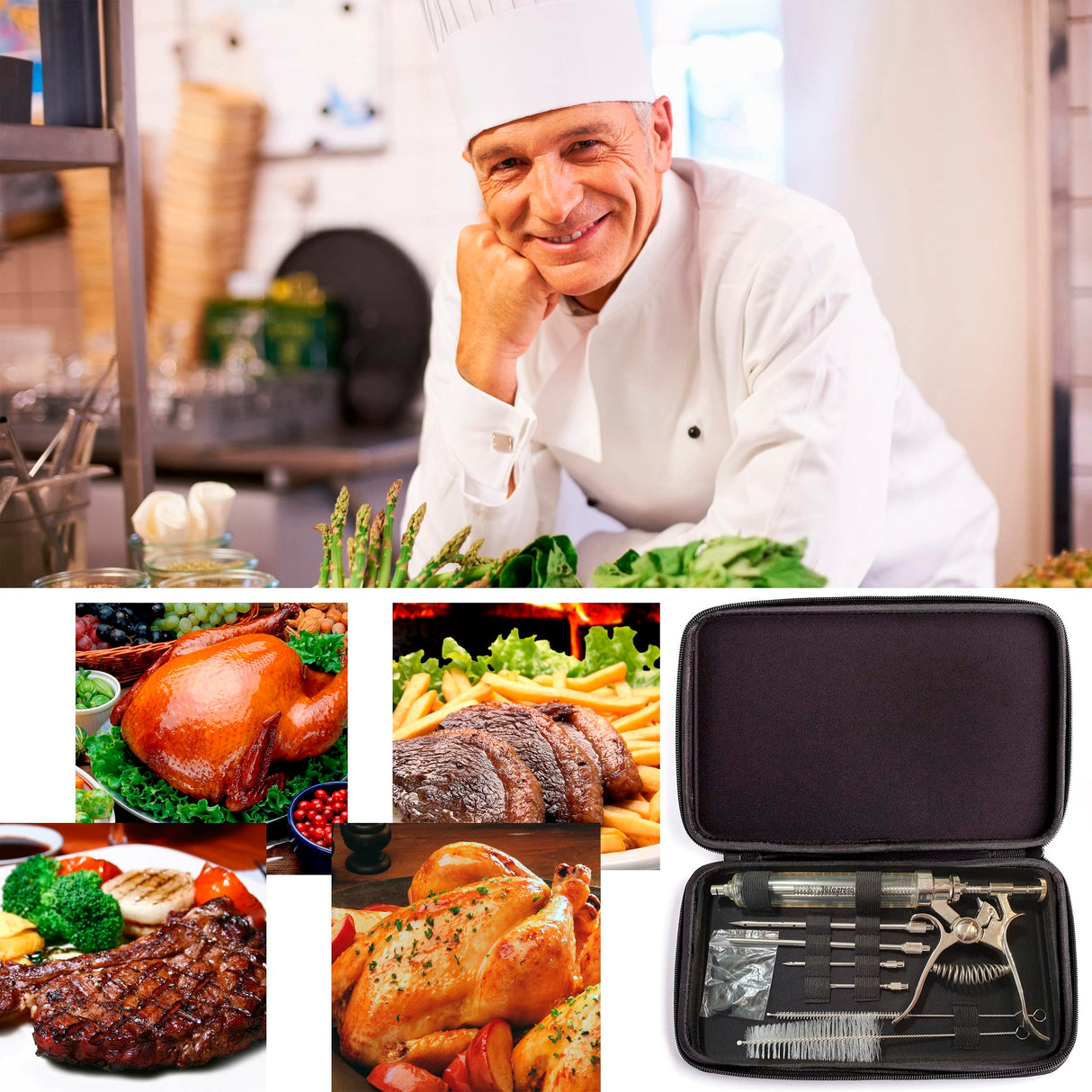 Meat Injector Syringe Stainless Steel Outdoor Meat Kit Marinade Flavor Food Injector Syringes with 3 Marinades Needles Grill Smoker Injectors Professional Syringe Held Culinary Barbecue Tool For BBG Milagroso