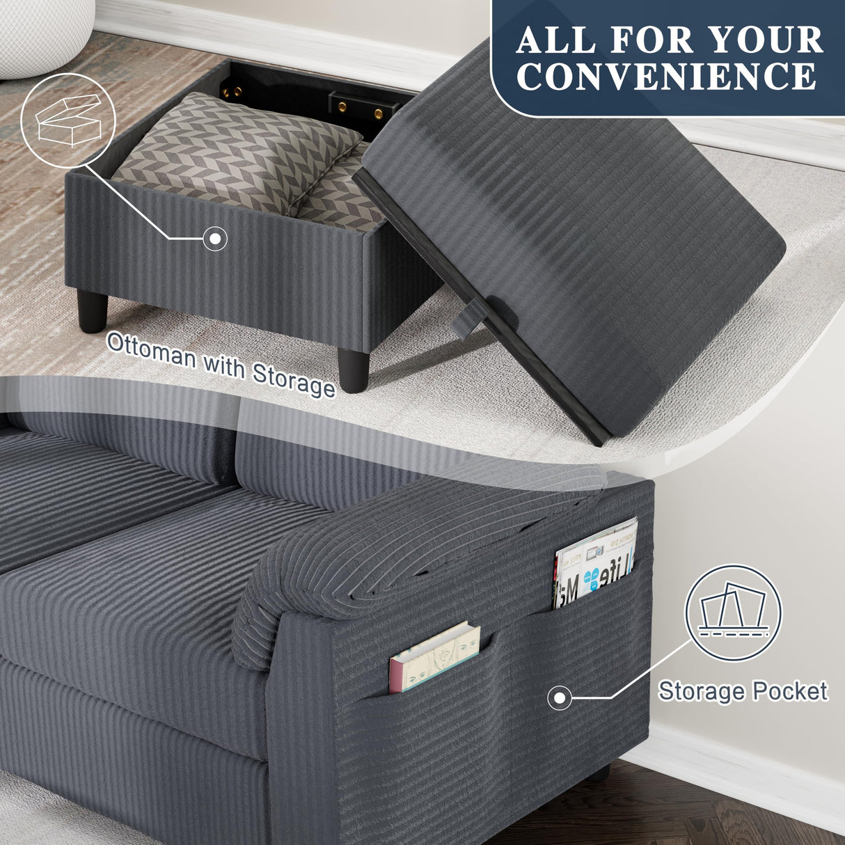 Meilocar Sectional Couches for Living Room, L Shaped Couch with Side Storage Pockage, Comfortable 3 Seat Sofa Couches for Apartment, Grey Meilocar