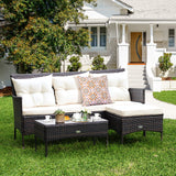 Tangkula 3 Pieces Patio Conversation Set, Outdoor PE Rattan Wicker Furniture Set W/Cozy Cushions, All Weather Sectional Sofa Set W/Tempered Glass Coffee Table for Poolside, Backyard, Garden Tangkula