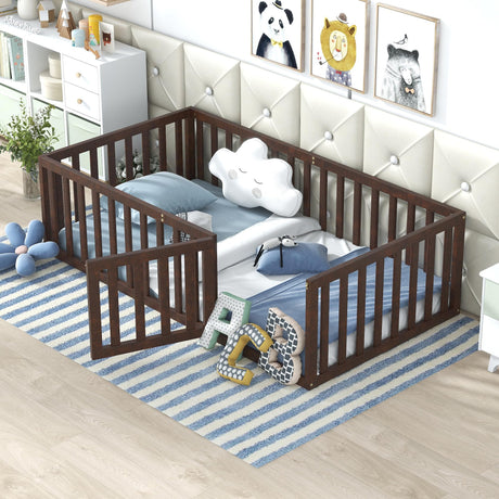 Harper & Bright Designs Twin Walnut Montessori Floor Bed with Fenced Design and Door for Kids Harper & Bright Designs