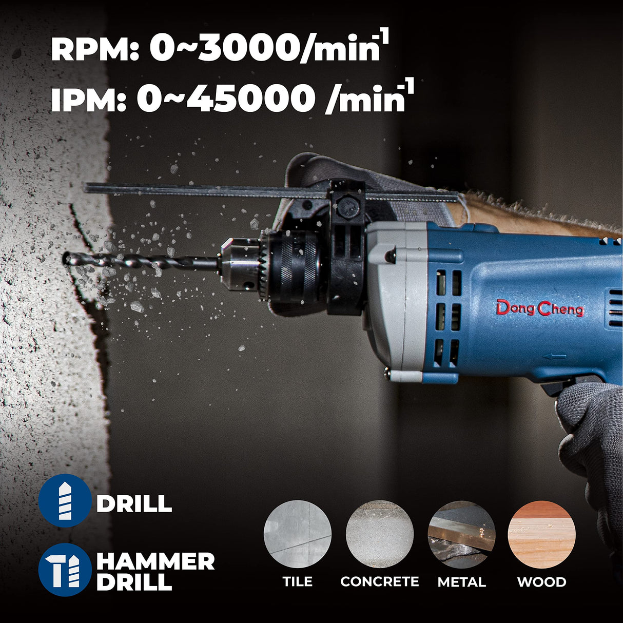 DongCheng Hammer Drill 6A,1/2 Inch Keyed Chuck, 0-3000 RPM/45000 BPM Impact Drill with 15PCS Drilling Bits for Concrete，Metal & Wood, DZJ05-13 Dong Cheng