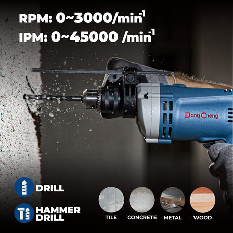 DongCheng Hammer Drill 6A,1/2 Inch Keyed Chuck, 0-3000 RPM/45000 BPM Impact Drill with 15PCS Drilling Bits for Concrete，Metal & Wood, DZJ05-13 Dong Cheng