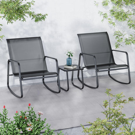 Ainfox 3 Piece Patio Furniture Set, All Weather Textile Outdoor Conversation Set with Rocking Bistro Chairs and Table, Small Patio Bistro Set for Backyard, Lawn, Garden, Poolside (Black) Ainfox