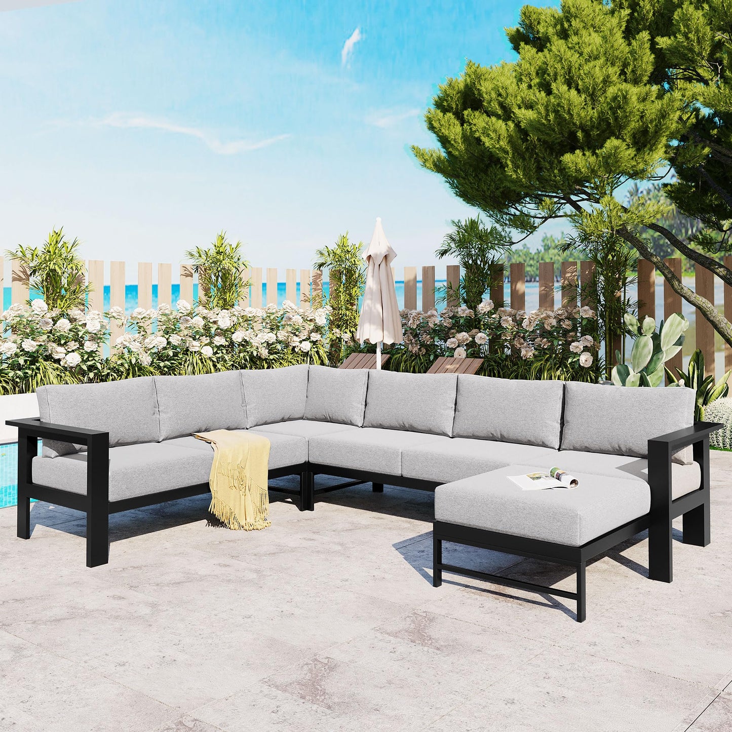 YOPTO 7 Piece Outdoor Patio Furniture U-Shaped Sofa Set,Sectional Conversation Modular Couch with Anti-Rust Aluminum Frames for Gardens, Backyards, Balconies,Grey