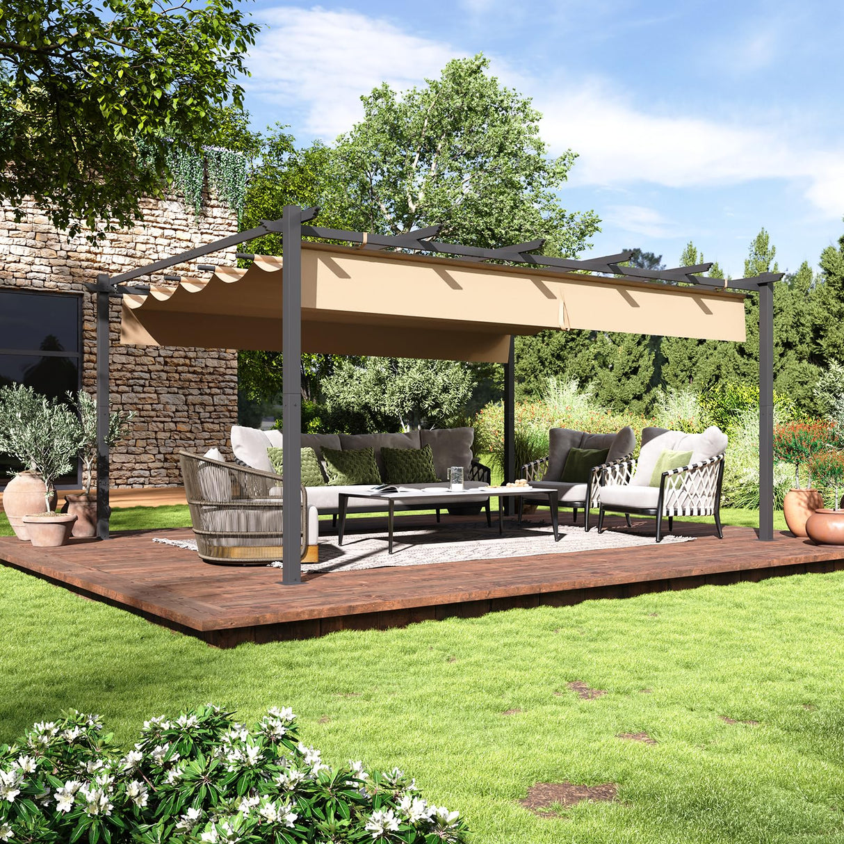 Aoxun 12x16FT Aluminum Pergola, Outdoor Retractable Pergola with Upgraded Canopy Cover, Heavy Duty Metal Pergolas and Gazebos with Adjustable Sun Shade for Modern Patio, Backyard, Deck, Garden Aoxun