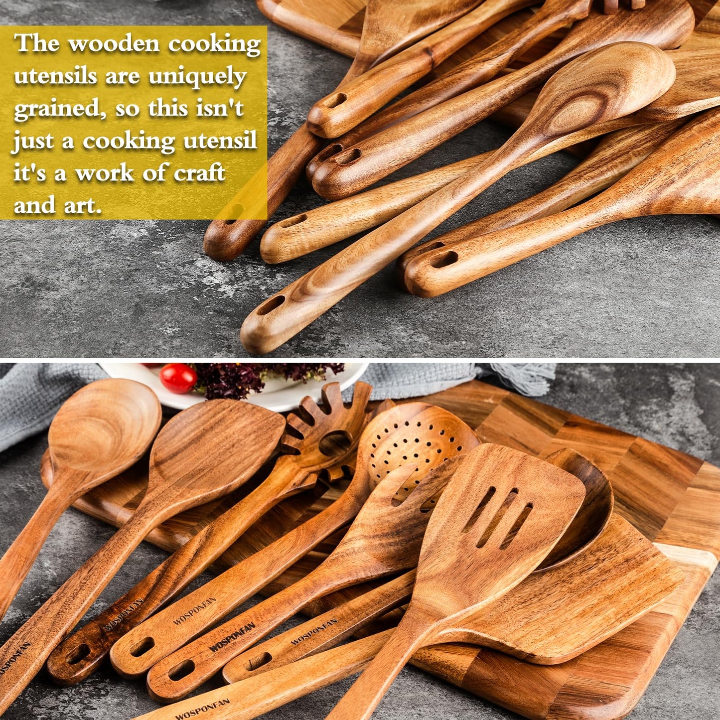 WOSPONFAN 9 PCS Kitchen Utensils Set - Wooden Spoons for Cooking, Natural Teak Wooden Utensils - Includes Wooden Spoons, Spatula Set, Slotted Spoon - - WoodArtSupply