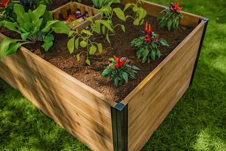 Vita Mezza 3 Foot x 5 Foot Keyhole Garden with Composting Basket, Golden Brown with Black Aluminum Posts, Cedar Wood, FSC, Pre-Stained, Outdoor, VT17702 Vita