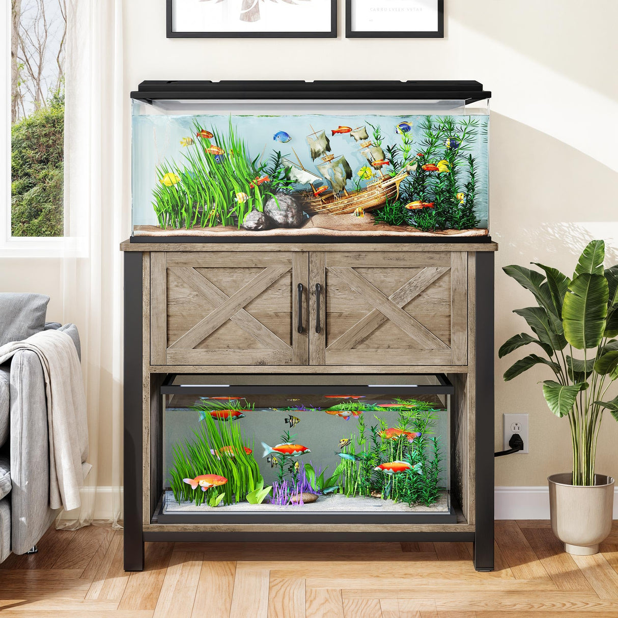 DWVO 40-50 Gallon Aquarium Stand with Power Outlets, Cabinet for Fish Tank Accessories Storage - Heavy Duty Metal Fish Tank Stand Suitable for Turtle Tank, Reptile Terrarium, 660LBS Capacity, Grey DWVO