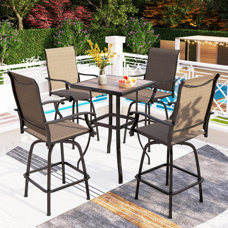 PHI VILLA 5 Piece Outdoor Bar Set with Swivel Patio Bar Stools, Patio Bar Bistro Table and Chairs with Brown Textilene Fabric & Square Bar Table for Deck, Balcony and Garden PHI VILLA