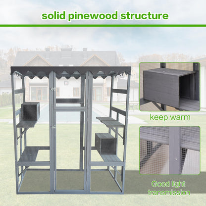 Miscoos Wooden Outdoor Cat House & Catio Enclosure with Weather-Resistant Asphalt Roof, 6 Elevated Ledges – Ideal Shelter for Feral and Domestic Cats - WoodArtSupply