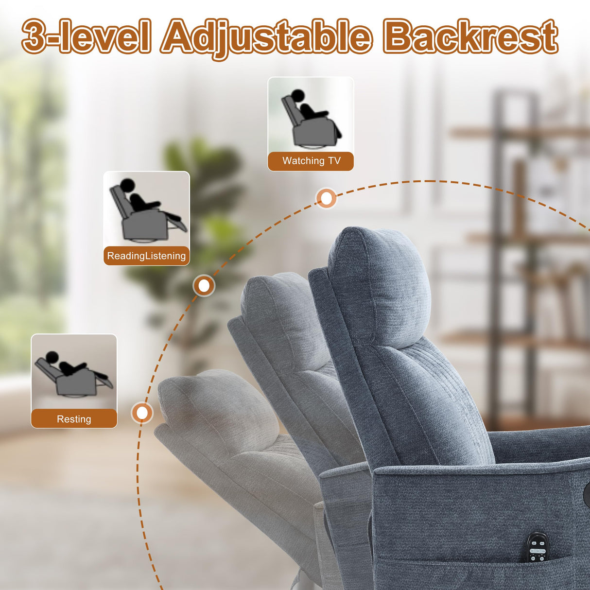 Manual Swivel Rocker Recliner Chair for Adults, Overstuffed Recliner Glider with Massage and Heat, Living Room Reclining Chair, Fabric Blue Luxlen