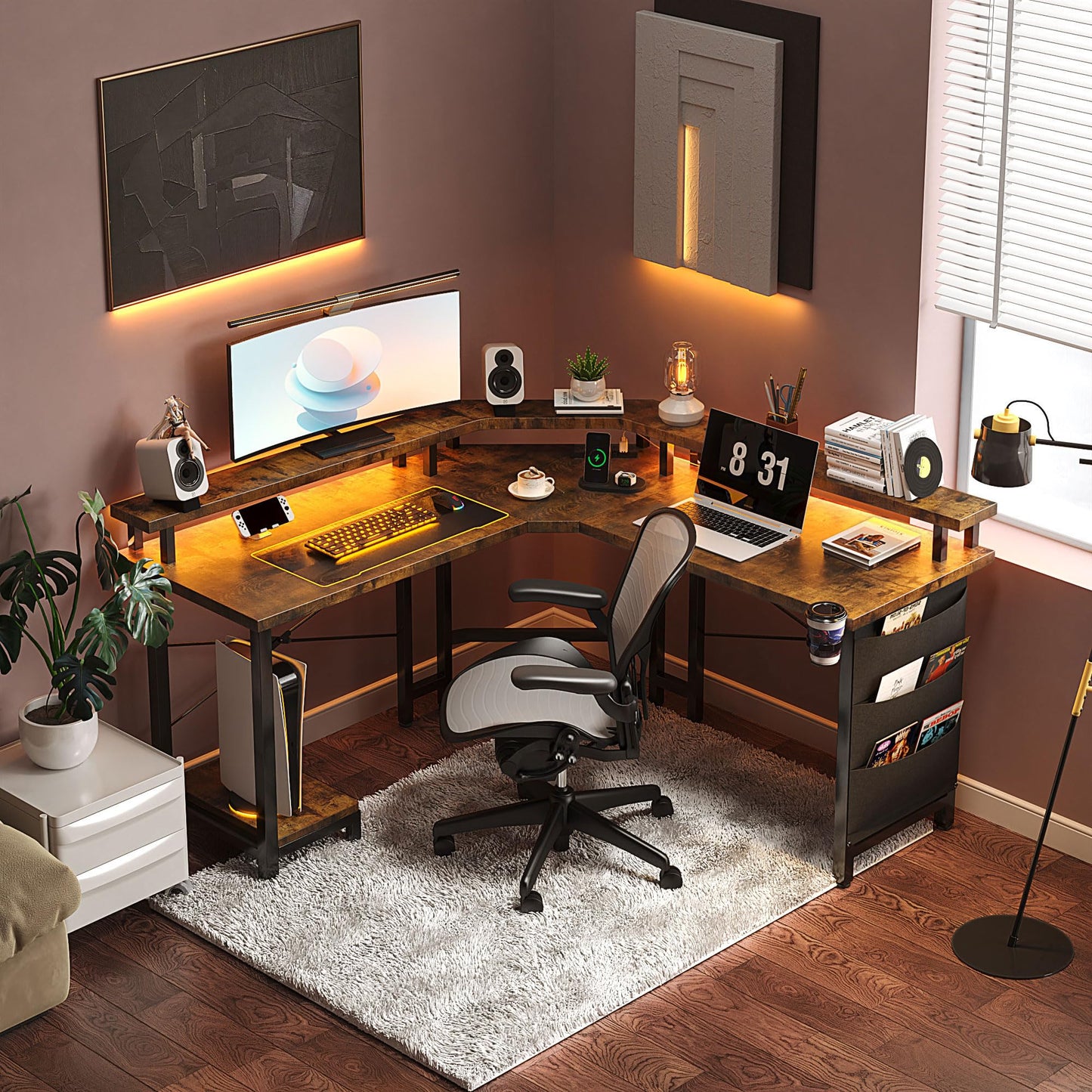 Flrrtenv L Shaped Gaming Desk with LED Lights & Power Outlets, 51" Corner Computer Desk with Full Size Monitor Stand, Storage Bag & CPU Stand for Home Office, Rustic Brown