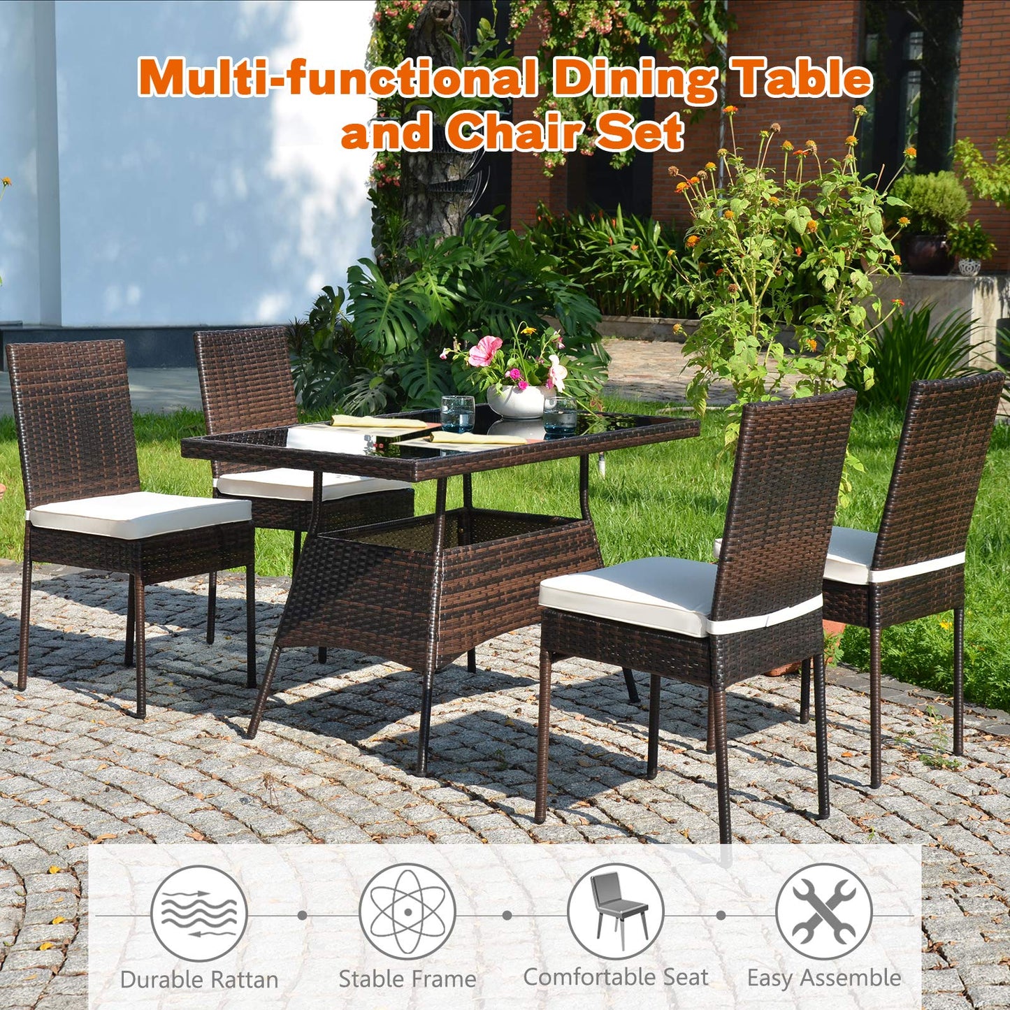 Tangkula 5 Piece Patio Wicker Dining Set, Outdoor Rattan Table and Chairs with w/Tempered Glass Table Top & Padded Cushions, Wicker Patio Conversation Furniture Set for Balcony Patio Garden P - WoodArtSupply