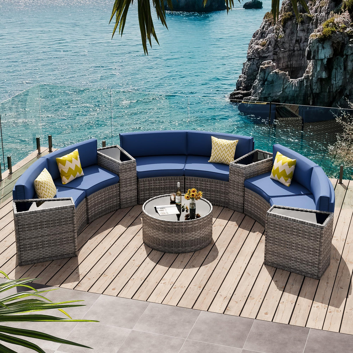 VONZOY Patio Sectional Furniture Outdoor 11-Piece Grey Rattan Curved Sofa Set with Storage Table, Pillows, Fit for Pool Backyard Balcony Porch Lawn (Navy) VONZOY