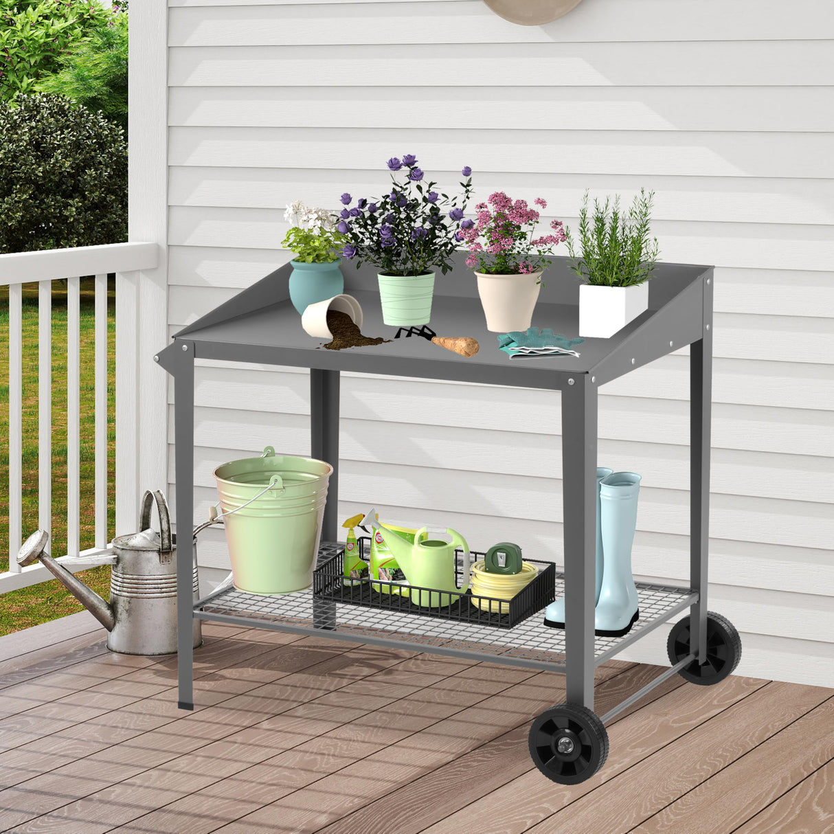 Outdoor Metal Potting Bench with Wheels, Heavy Duty Garden Workbench Table with Storage Shelf (Dark Gray, 36"x38.8") DDK