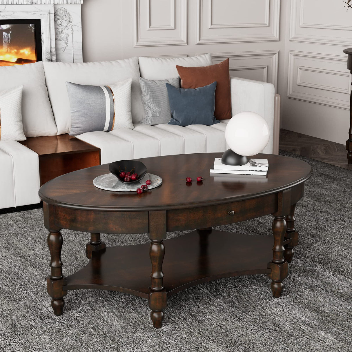 LEEMTORIG Oval Coffee Table for Living Room, 2-Tier Solid Wood Table with Storage Drawer, Victorian Antique Ellipse 45" Wx27.6 Dx18.2 H, Easy Assembly, Dark Walnut, KFZ-2233-DC LEEMTORIG