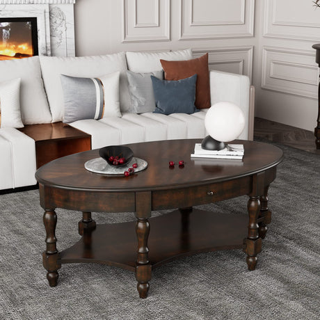 LEEMTORIG Oval Coffee Table for Living Room, 2-Tier Solid Wood Table with Storage Drawer, Victorian Antique Ellipse 45" Wx27.6 Dx18.2 H, Easy Assembly, Dark Walnut, KFZ-2233-DC LEEMTORIG