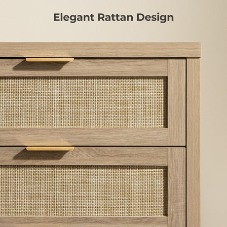 SICOTAS Rattan Dresser for Bedroom, 57" Wide 6 Drawer Dresser with Ample Storage, Dressers Large Chest of Drawers, Closet, Boho TV Stand for Bedroom (Reclaimed Light Oak, 1 Piece) SICOTAS