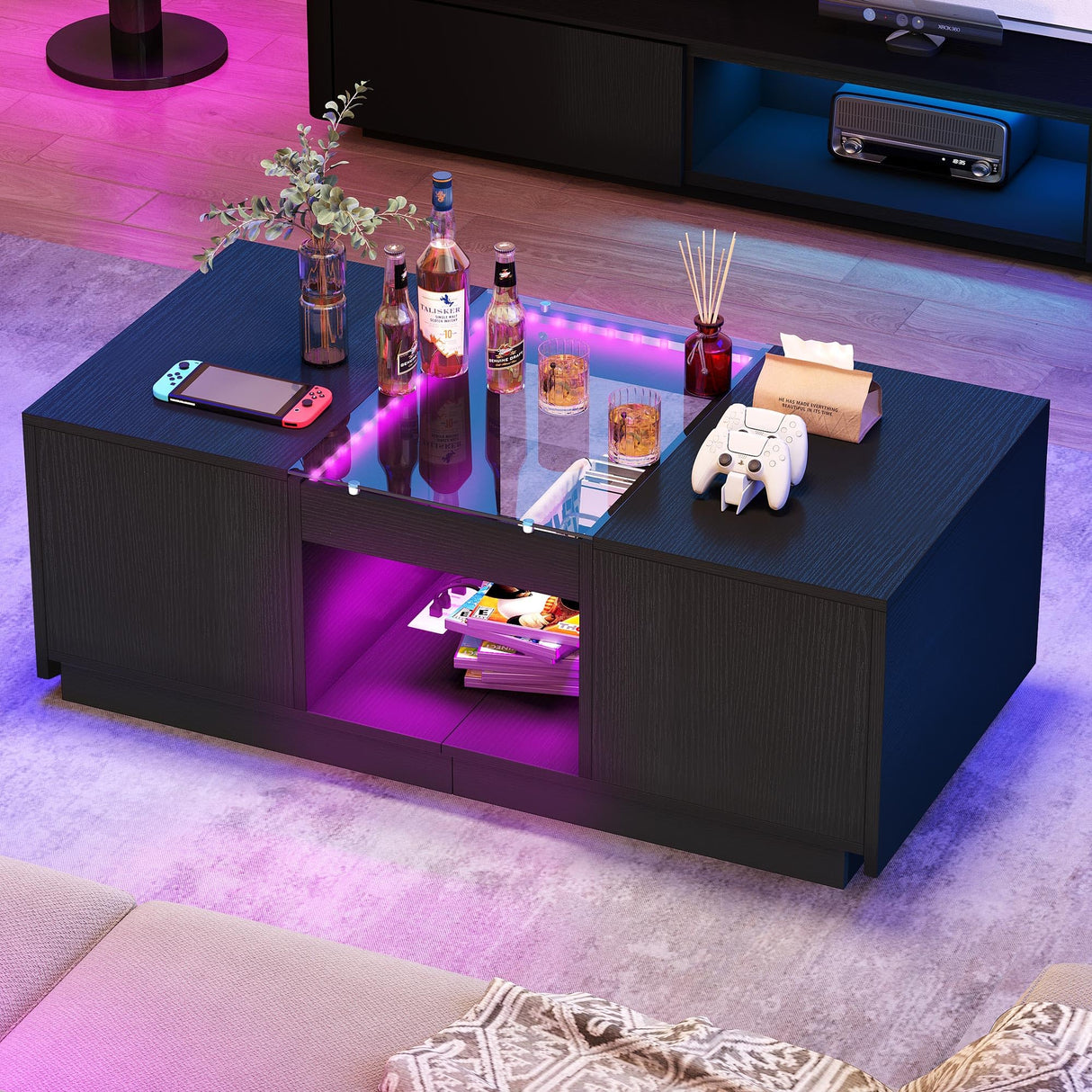 YITAHOME Modern Coffee Table with LED Lights, Rectangle Coffee Table with 2 Large Drawers, Spacious Glass Coffee Table, Upscale Large Living Room Table with Power Outlets and Remote Control, Black YITAHOME