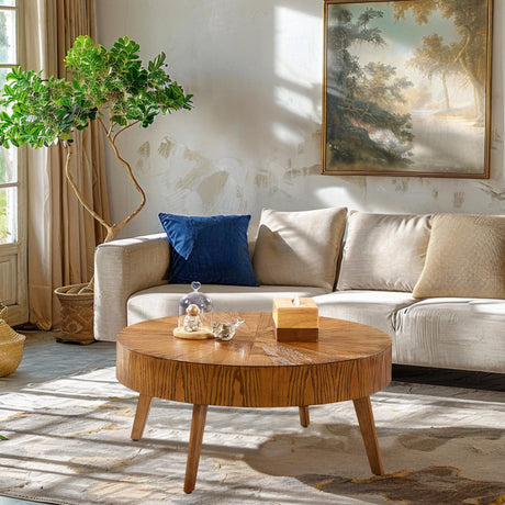 Gexpusm Round Wood Coffee Tables for Living Room, Farmhouse Circle Coffee Table, Mid Century Wooden Rustic Coffee Tables for Apartment, Easy Assembly (Only Coffee Table, 31.50" Dx31.50 Wx14.29 H) Gexpusm