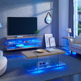 T4TREAM Morden End Table with RGB LED Lights, Tempered Glass and Wood Side Tables for Living Room, Nightstand with Storage Shelves for Bedroom, Natural Oak T4TREAM