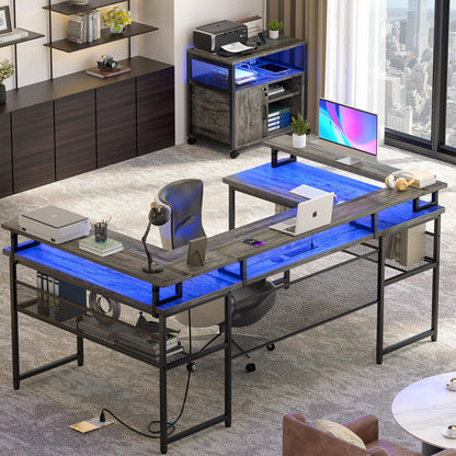 Unikito U Shaped Computer Desks, Reversible Office Desk with LED Strip and Power Outlets, L Shaped Table with Full Monitor Stand and Storage Shelves,