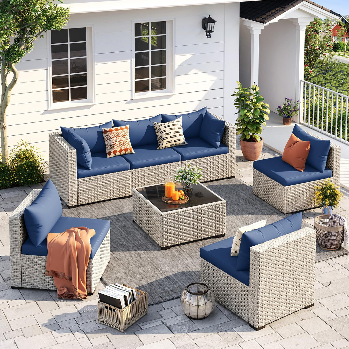 UDPATIO Outdoor Patio Furniture Set, 7-Piece Modular Sectional Sofa with Tea Table, PE Wicker Outdoor Conversation Set for Patio, Garden, Backyard Blue UDPATIO