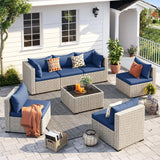 UDPATIO Outdoor Patio Furniture Set, 7-Piece Modular Sectional Sofa with Tea Table, PE Wicker Outdoor Conversation Set for Patio, Garden, Backyard Blue UDPATIO