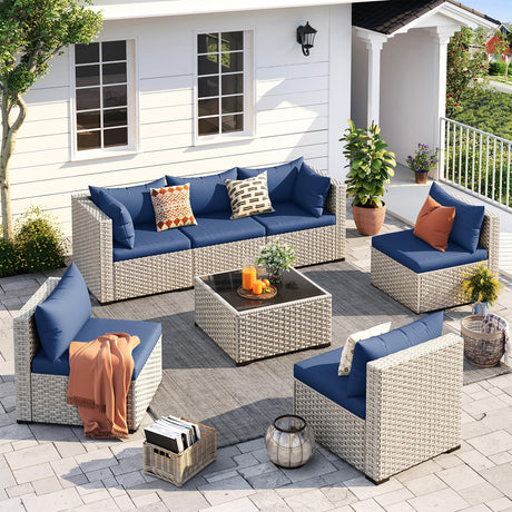 UDPATIO Outdoor Patio Furniture Set, 7-Piece Modular Sectional Sofa with Tea Table, PE Wicker Outdoor Conversation Set for Patio, Garden, Backyard Blue UDPATIO