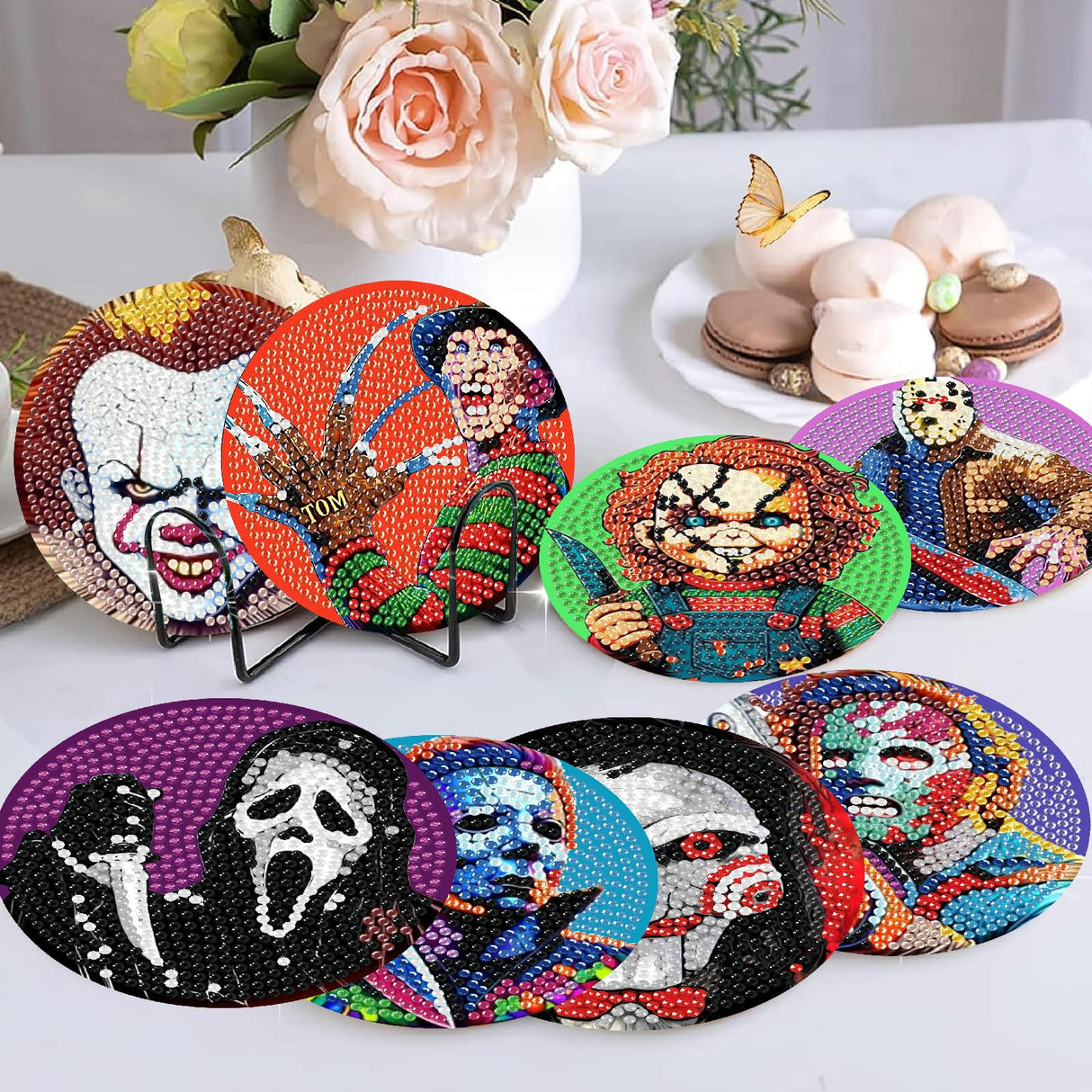 NEGEKFKX 8 Pcs Halloween Diamond Art Painting Coasters Kits,Horror Coaster with Holder for Adults, Non-Slip DIY Dot Paint Craft Kits,5D Full Drill DIY Diamond Dot Gem Art Kit Home Decor Arts Craft NEGEKFKX