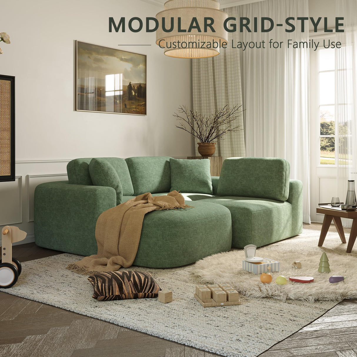 Dowinx 107'' Modular Sectional Sofa Couch with Chaise, No Assembly Required, Modern Woven-Textured Upholstery, Convertible L-Shaped Design for Living Room – Forest Green Dowinx