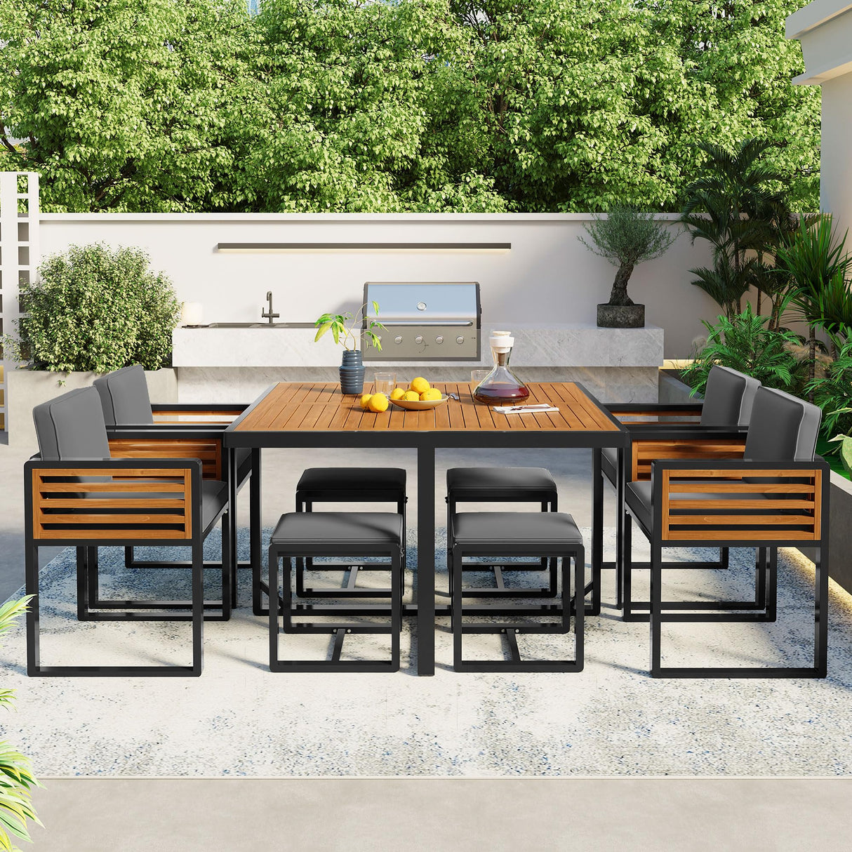 Merax 9 Pieces Outdoor Dining Set for 8 People, Acacia Wood Patio Furniture Sets with 1 Square Table, 4 Cushioned Chairs and 4 Ottomans for Backyard, Garden, Lawn, Poolside, Space Saving Design, Gray Merax
