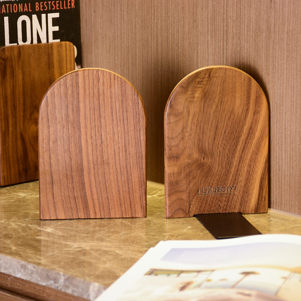 Large Bookend Hold Heavy Books- 7x4x5in 1 Pack Wood Bookends for Heavy Books Heavy Duty Walnut Book Ends for Men Wood Bookends for Office Desk Non-Skid Luxdecor